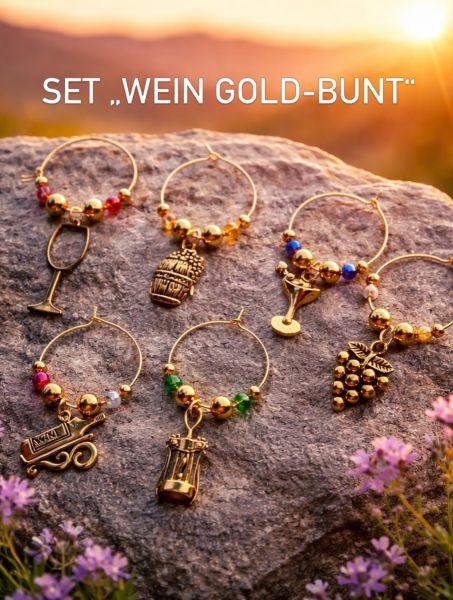 Weinglas Charms (Marker) handgefertigt Set "Wein Gold-Bunt"