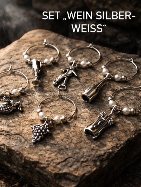 Weinglas Charms (Marker) handgefertigt Set "Wein silber-weiss"