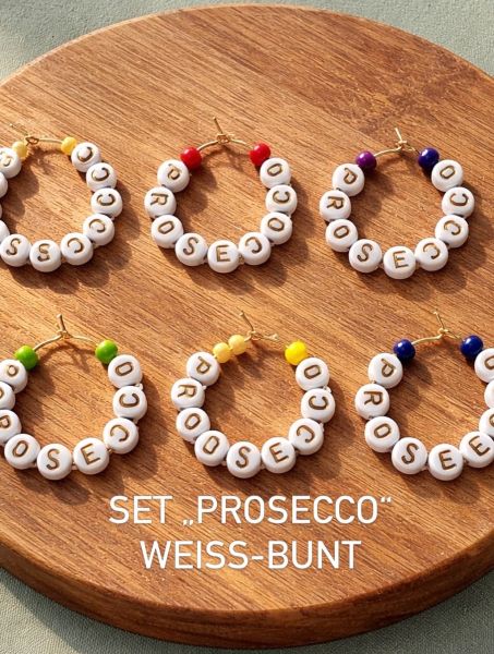 Weinglas Charms (Marker) handgefertigt Set "PROSECCO Weiss-Bunt"