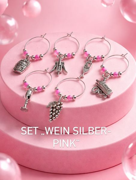 Weinglas Charms (Marker) handgefertigt Set "Wein Silber-Pink"