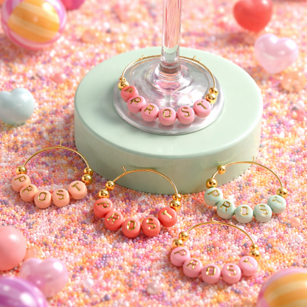 Weinglas Charms (Marker) handgefertigt Set "PROST Pastell"