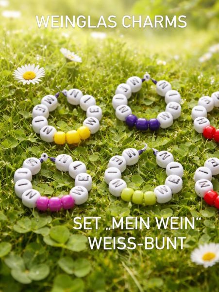 Weinglas Charms (Marker) handgefertigt Set "MEIN-WEIN weiss-bunt"