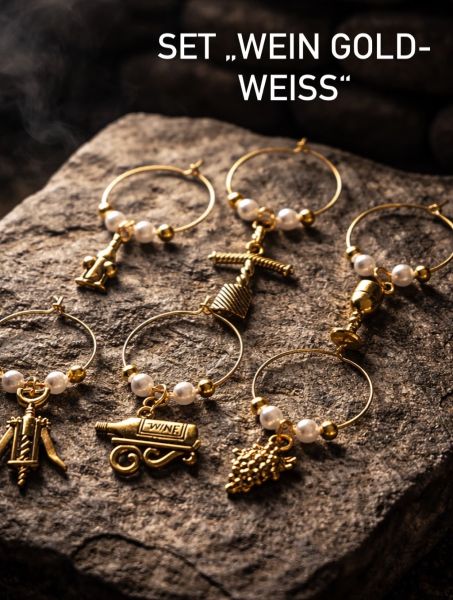 Weinglas Charms (Marker) handgefertigt Set "Wein Gold-Weiss"