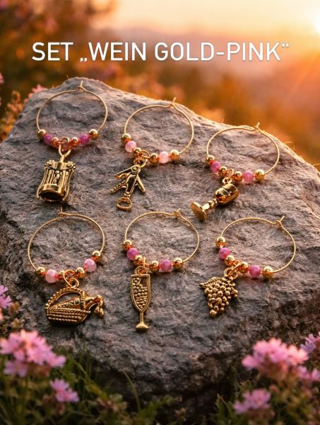 Weinglas Charms (Marker) handgefertigt Set "Wein Gold-Pink"