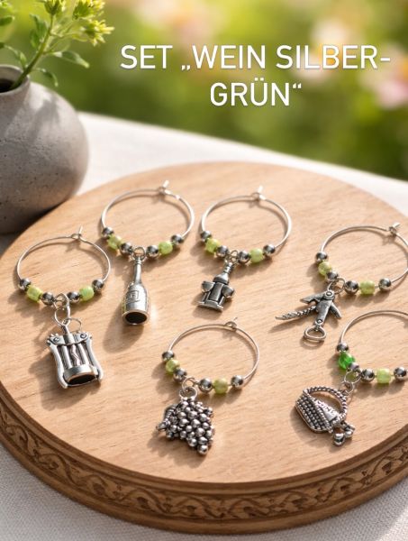 Weinglas Charms (Marker) handgefertigt Set "Wein Silber-Grün"