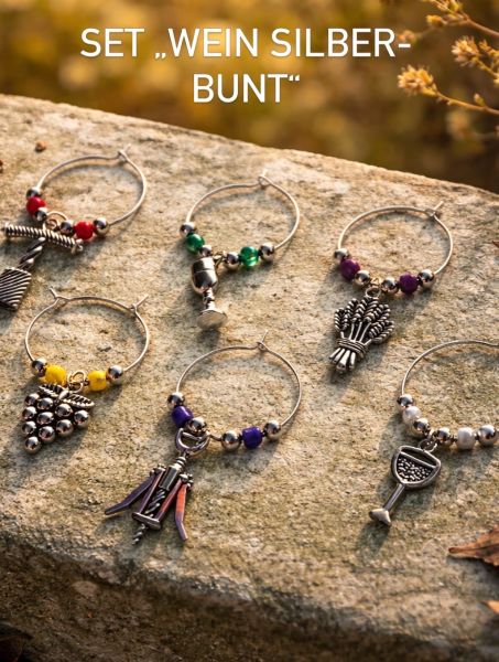 Weinglas Charms (Marker) handgefertigt Set "Wein silber-bunt"
